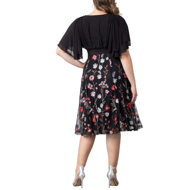 Womens Plus Size Lillian Embroidered Mesh Midi Cocktail Dress
