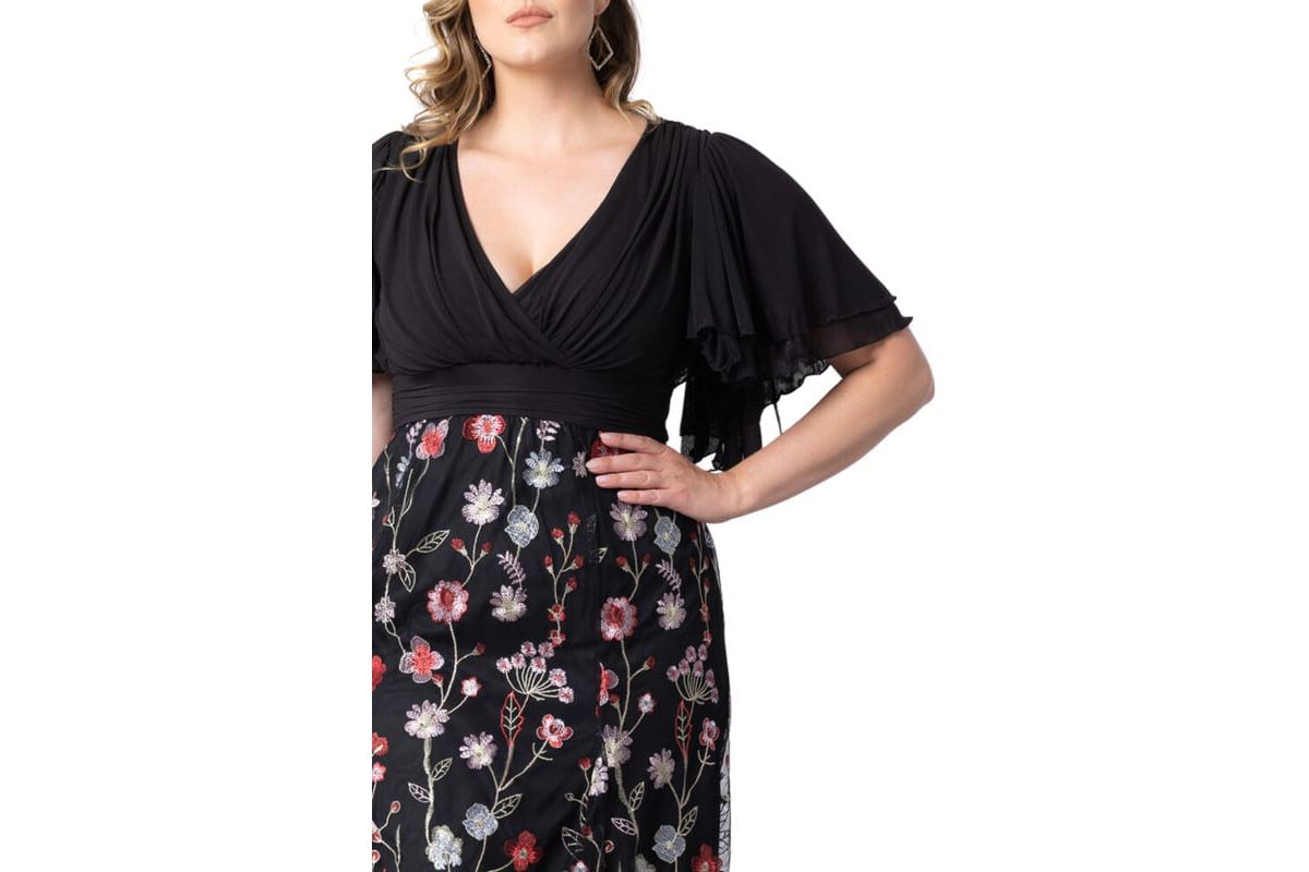 Womens Plus Size Lillian Embroidered Mesh Midi Cocktail Dress
