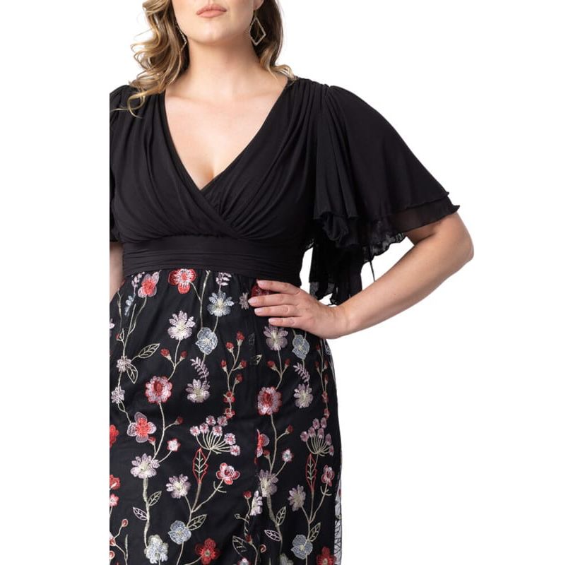 Womens Plus Size Lillian Embroidered Mesh Midi Cocktail Dress