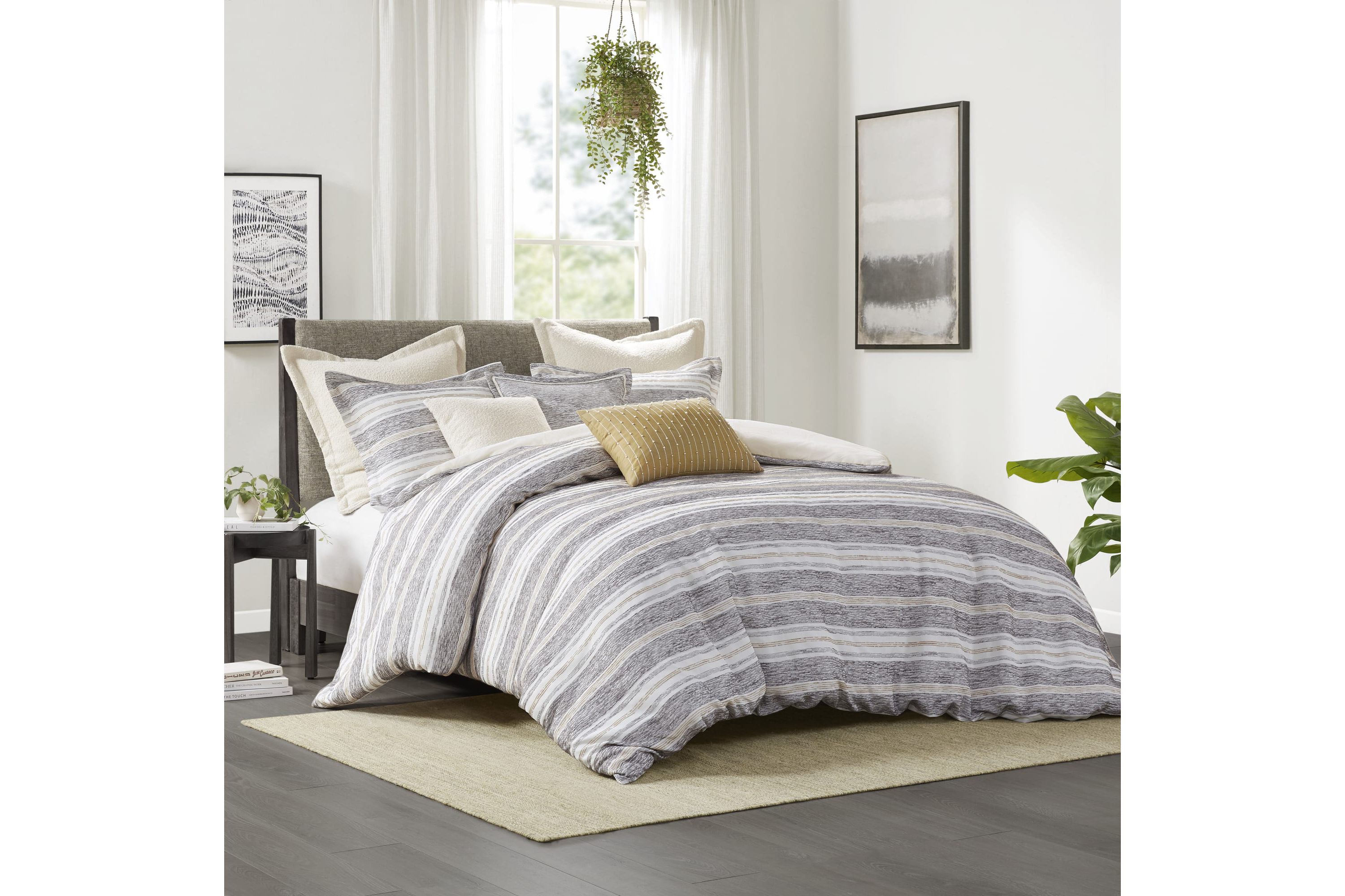 Oasis Oversized Chenille Jacquard Striped Comforter Set with Euro Shams and Throw Pillows