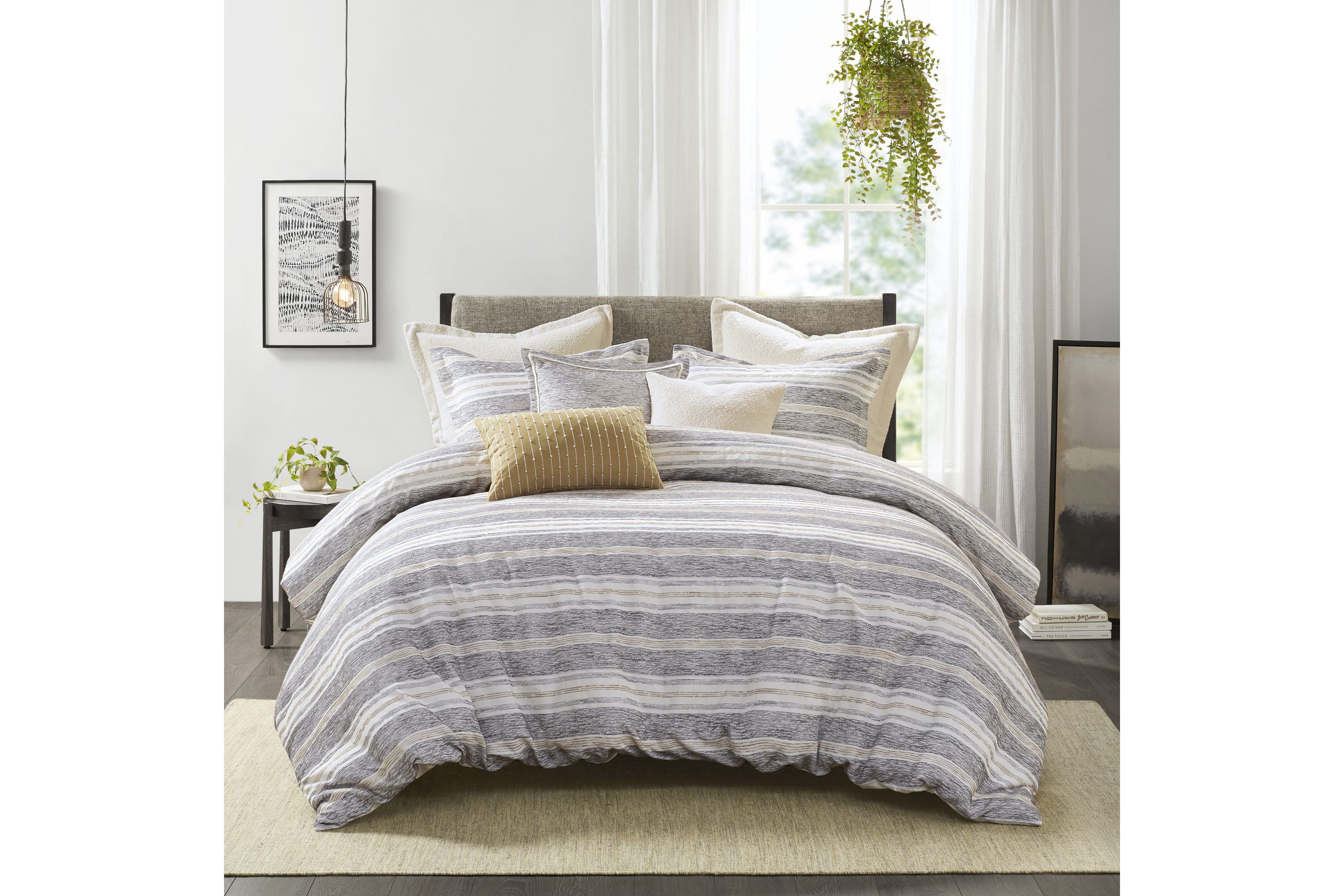 Oasis Oversized Chenille Jacquard Striped Comforter Set with Euro Shams and Throw Pillows