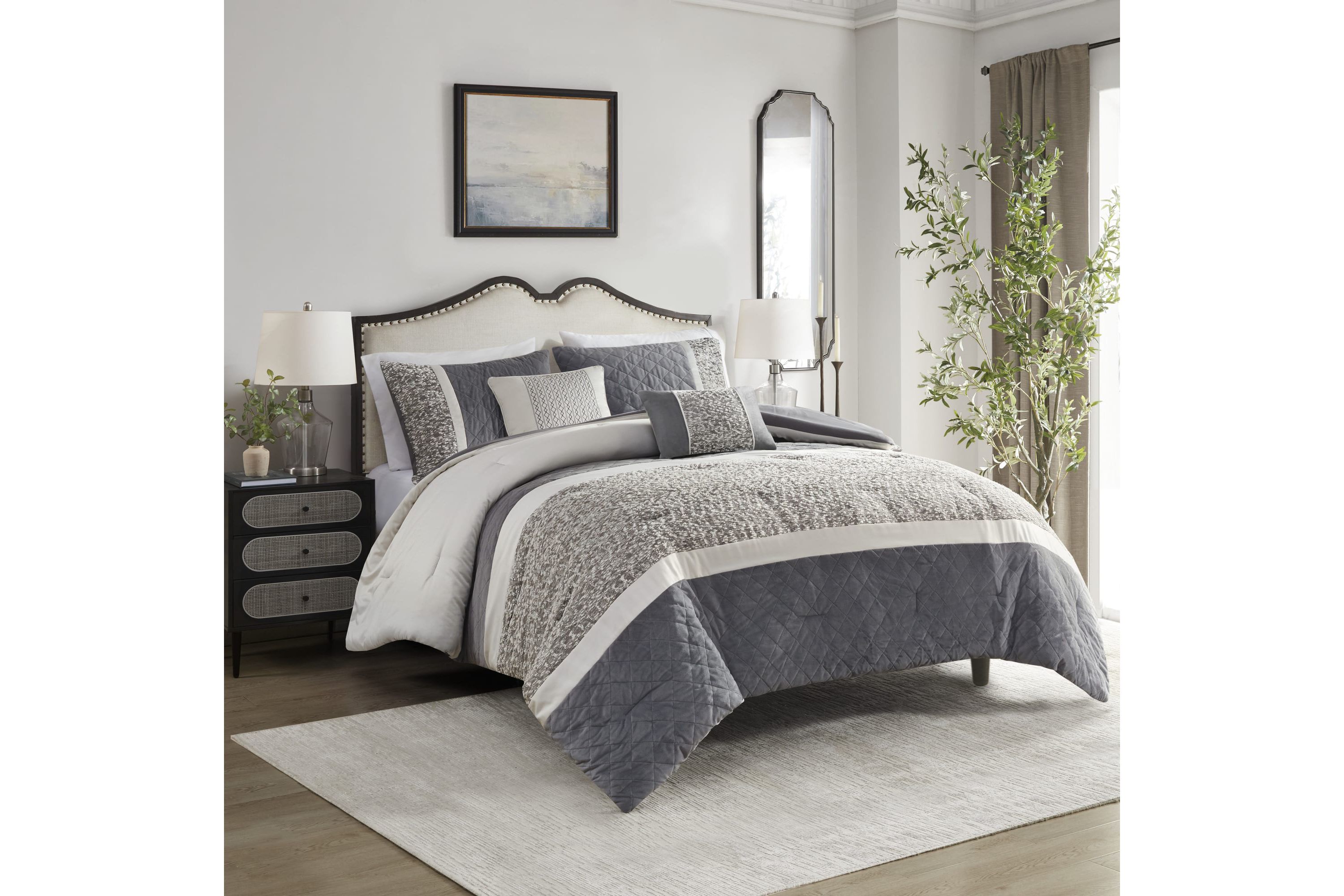 Amelia 5 Piece Textured Jacquard Stripe Comforter Set with Throw Pillows