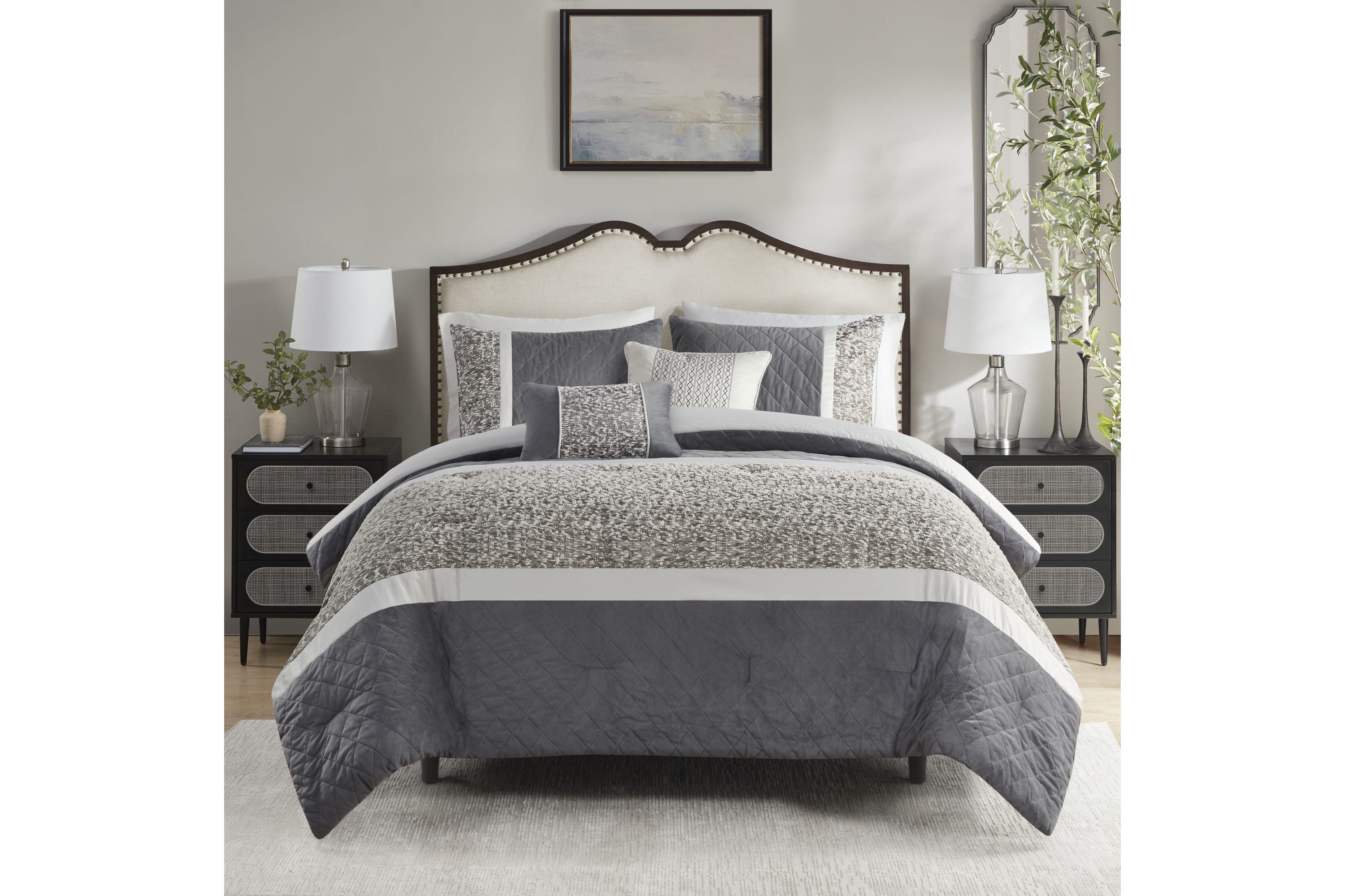 Amelia 5 Piece Textured Jacquard Stripe Comforter Set with Throw Pillows