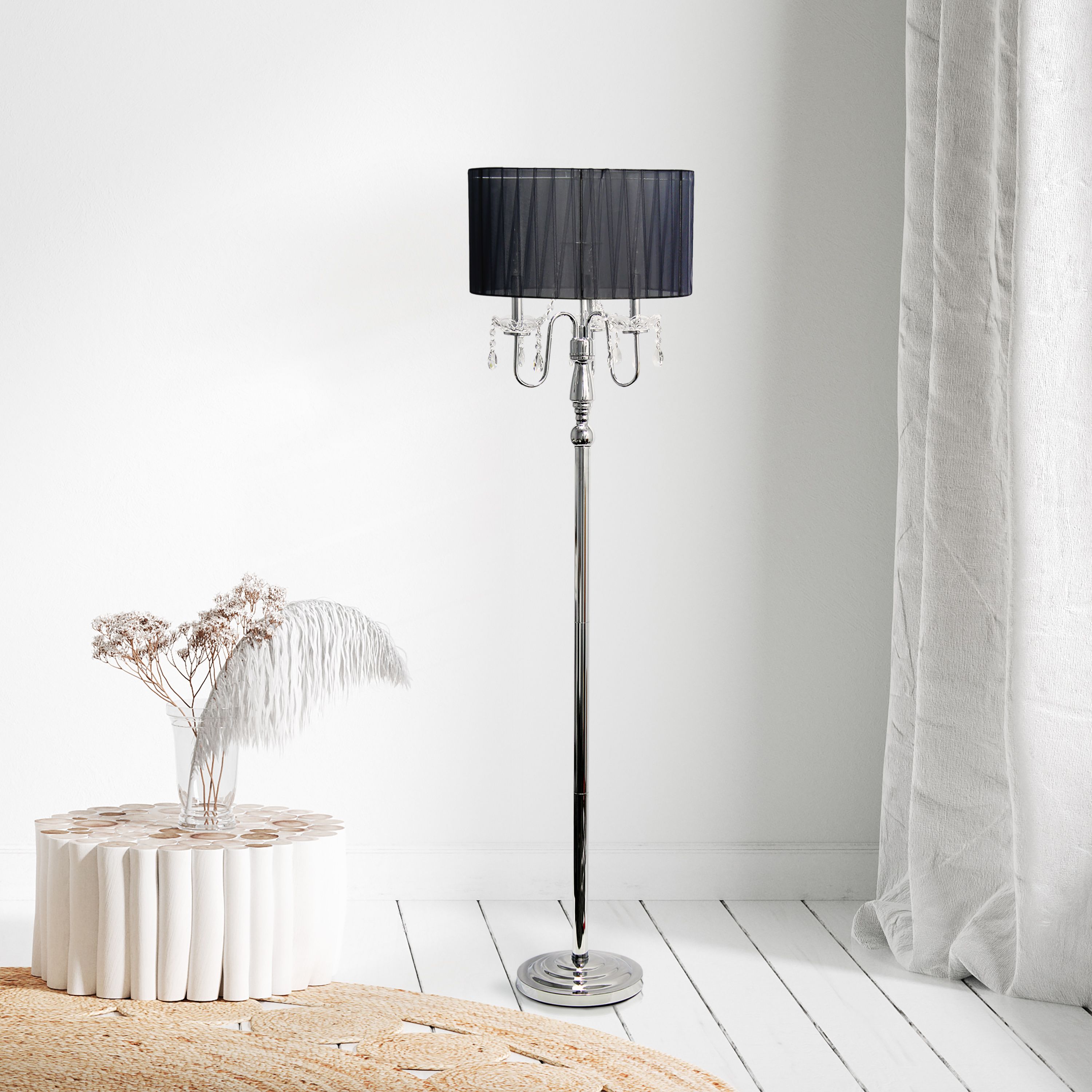 62" Glamorous Chrome Cascading Crystal Floor Lamp for Living Room, Dining Room, Entryway, Office, Bedroom, Gray Shade