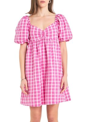 ENGLISH FACTORY Women's Gingham Linen Sweetheart Baby Doll, Pink, Large