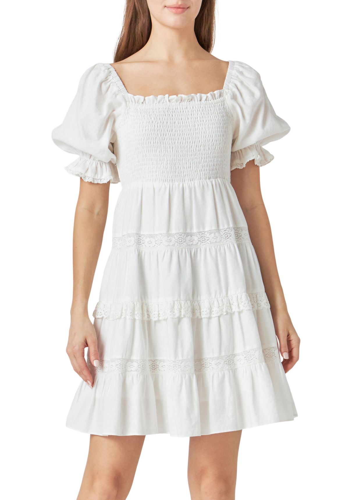 Linen Smocked Mini Dress with Lace