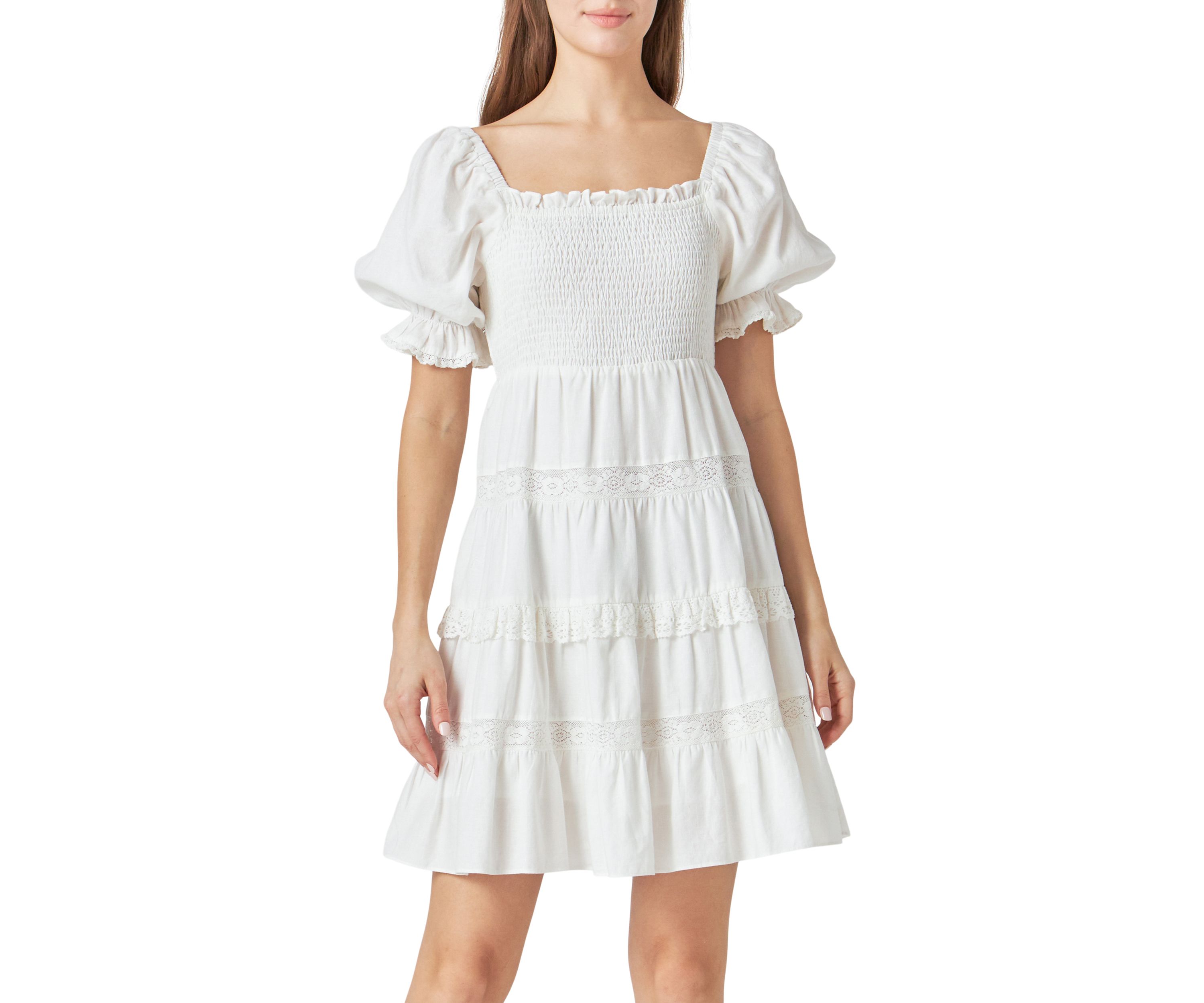 Linen Smocked Mini Dress with Lace