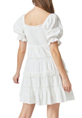 Women's Linen Smocked Mini Dress with Lace