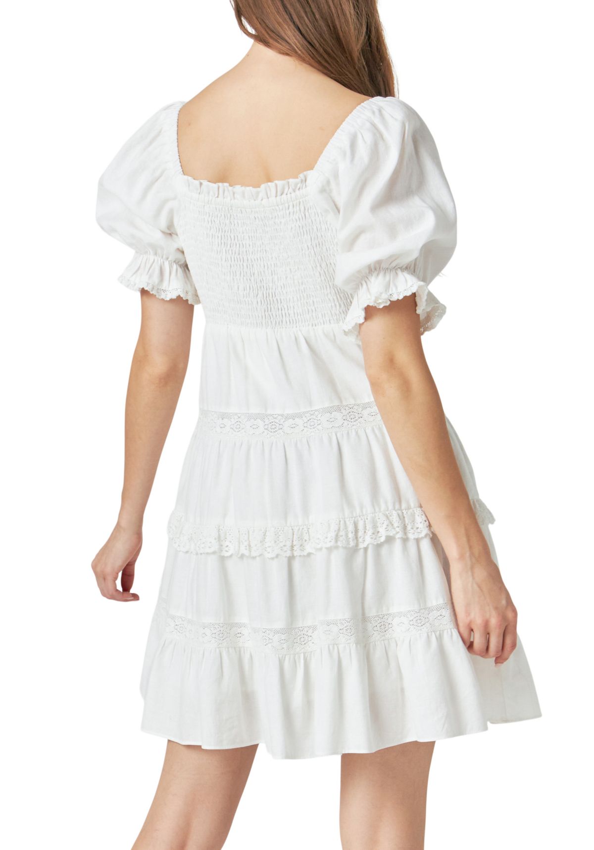 Linen Smocked Mini Dress with Lace