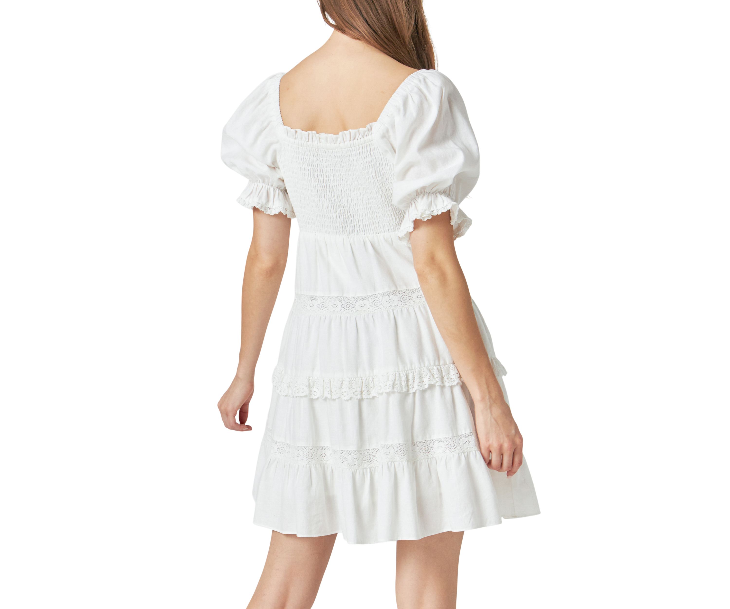 Linen Smocked Mini Dress with Lace