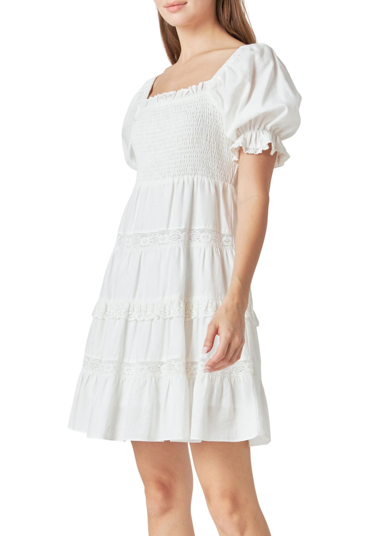 Linen Smocked Mini Dress with Lace