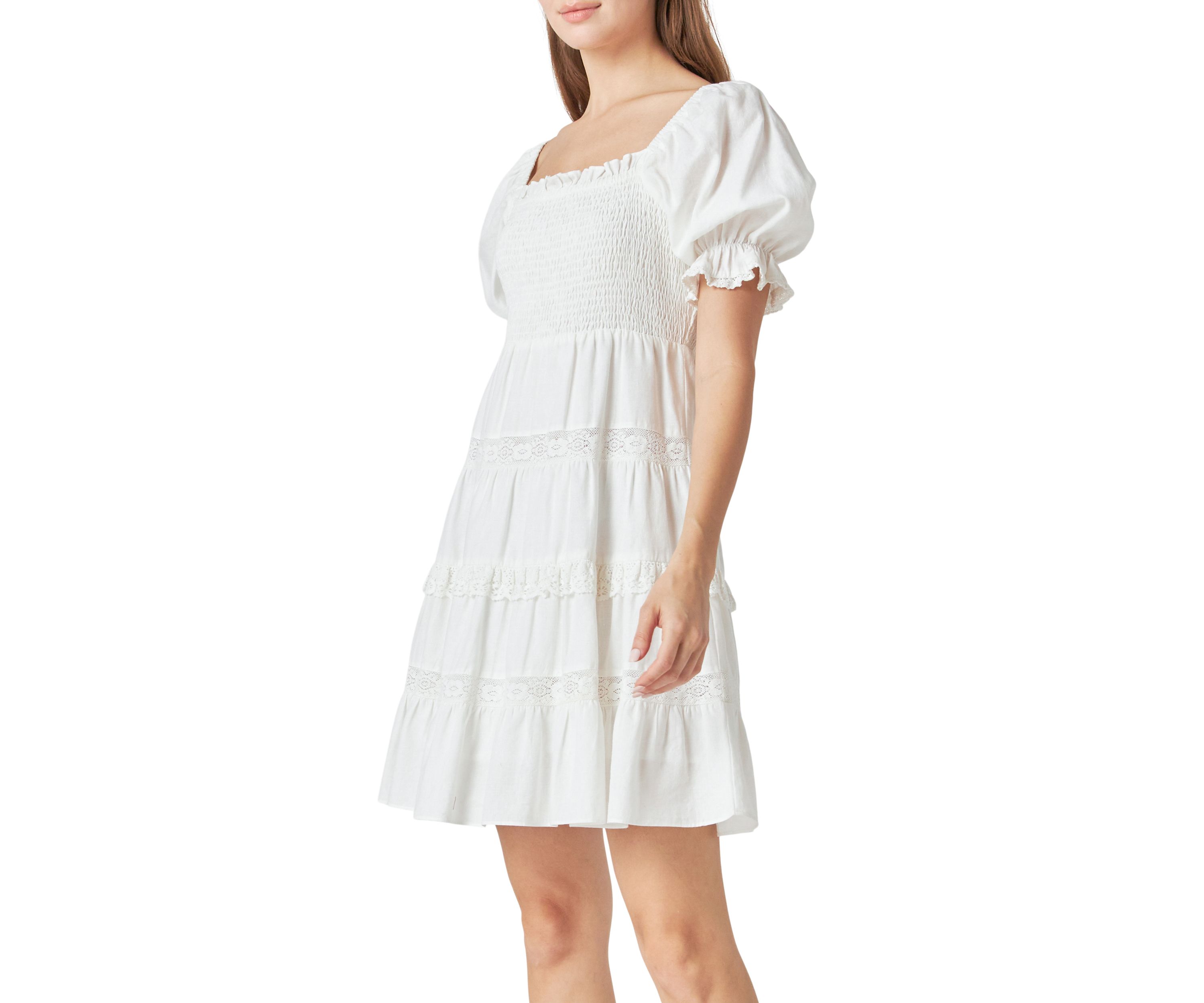 Linen Smocked Mini Dress with Lace