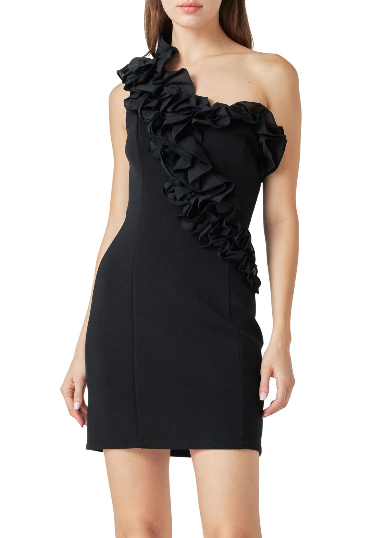 Asymmetrical Ruffle Stretch Mini Dress