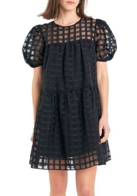 ENGLISH FACTORY Women's Gridded Puff Sleeve Dress, Black, Small