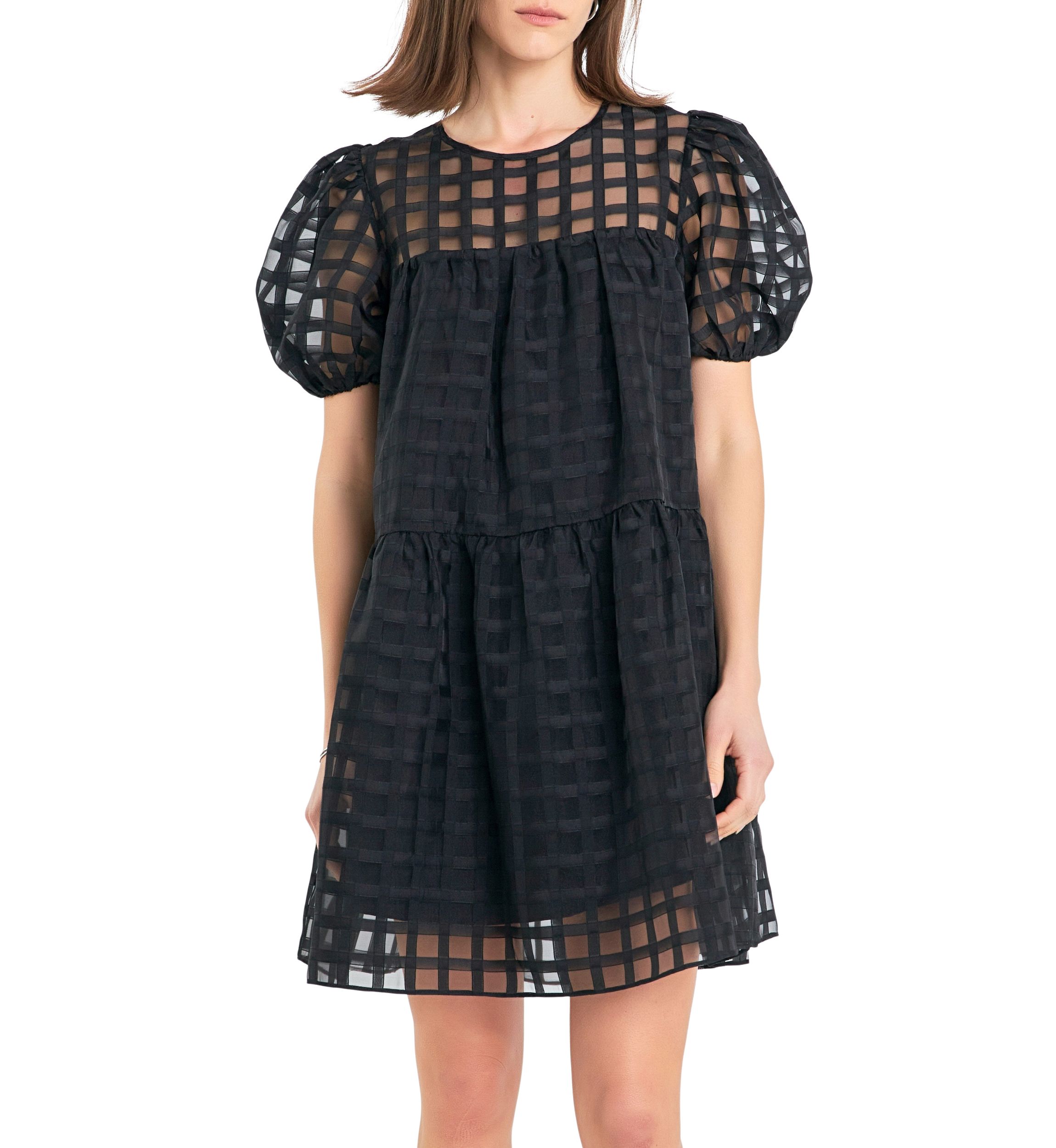 Gridded Puff Sleeve Dress