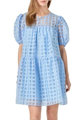 ENGLISH FACTORY Women's Gridded Puff Sleeve Dress, Blue, Small