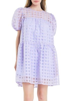 ENGLISH FACTORY Women's Gridded Puff Sleeve Dress, Large
