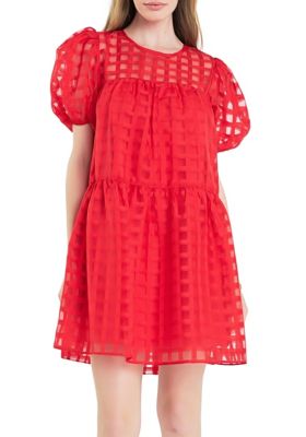 ENGLISH FACTORY Women's Gridded Puff Sleeve Dress, Red, Small