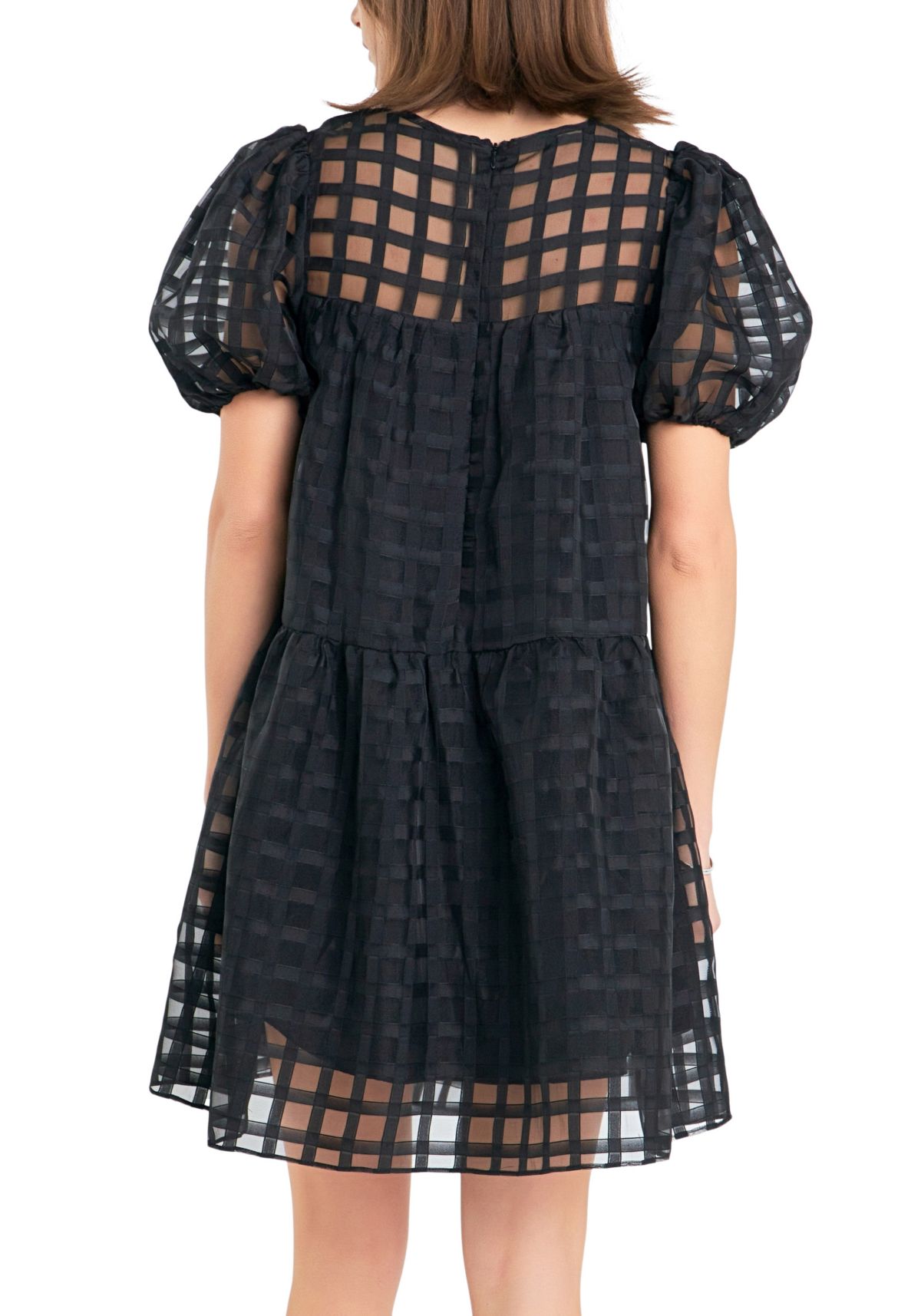 Gridded Puff Sleeve Dress