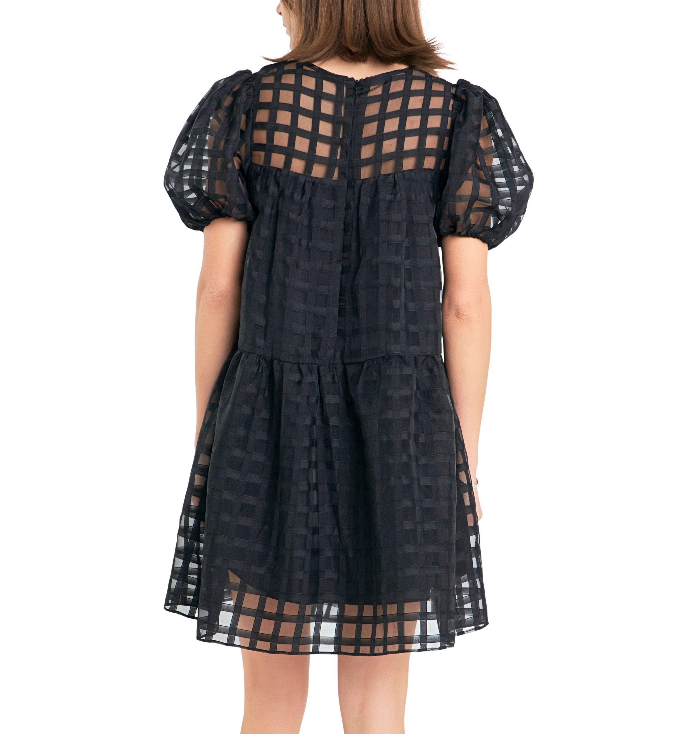 Gridded Puff Sleeve Dress