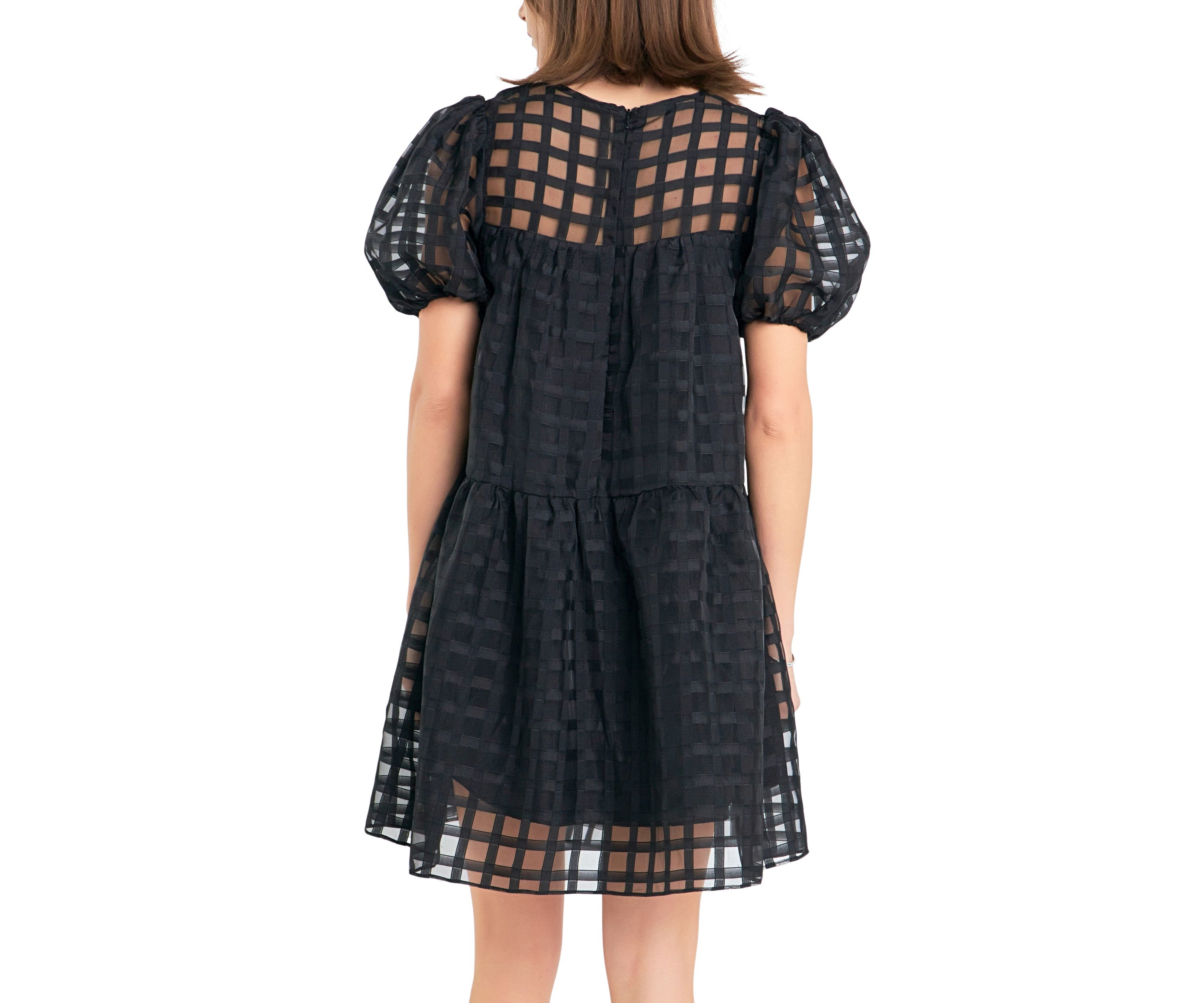 Gridded Puff Sleeve Dress
