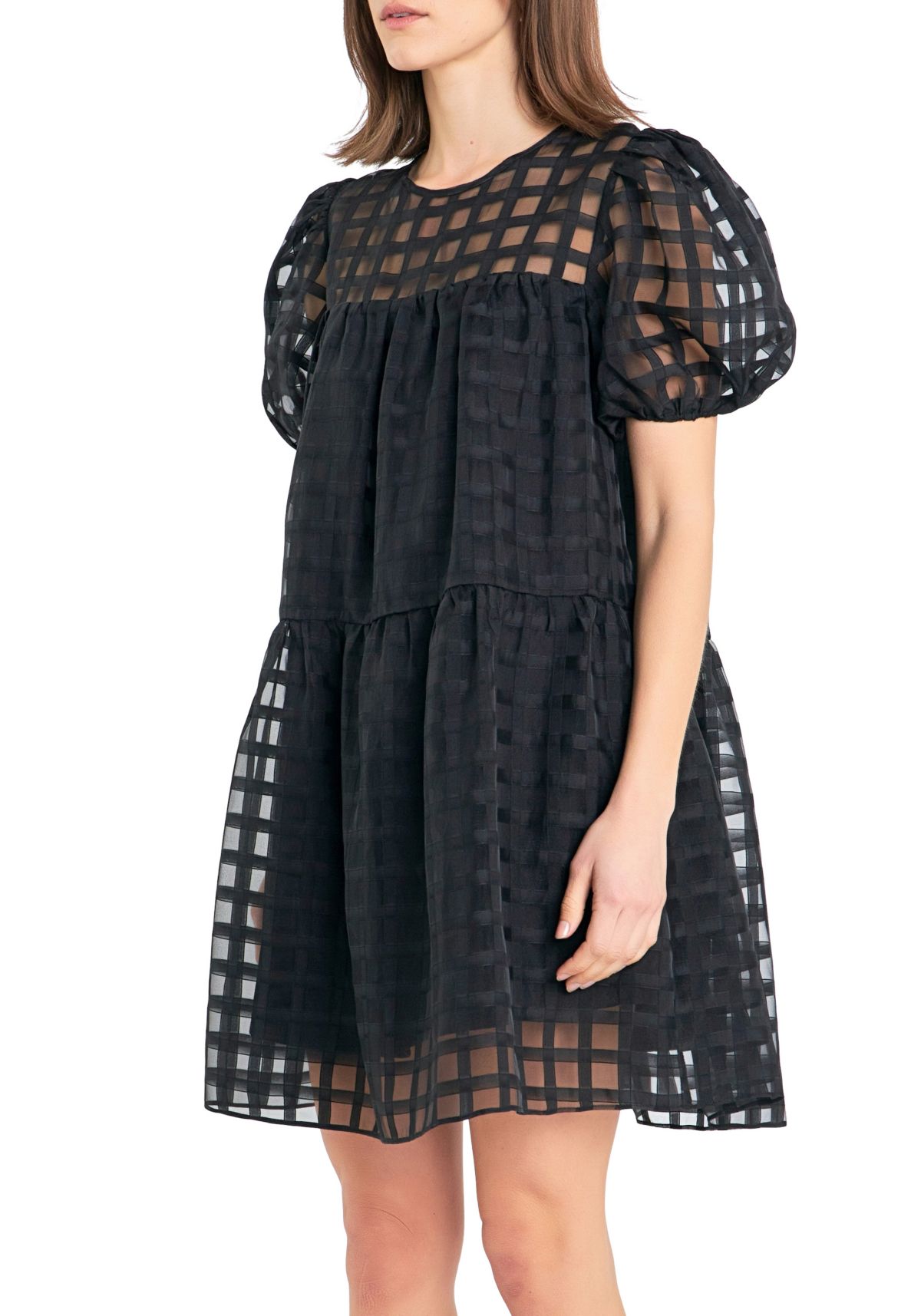 Gridded Puff Sleeve Dress