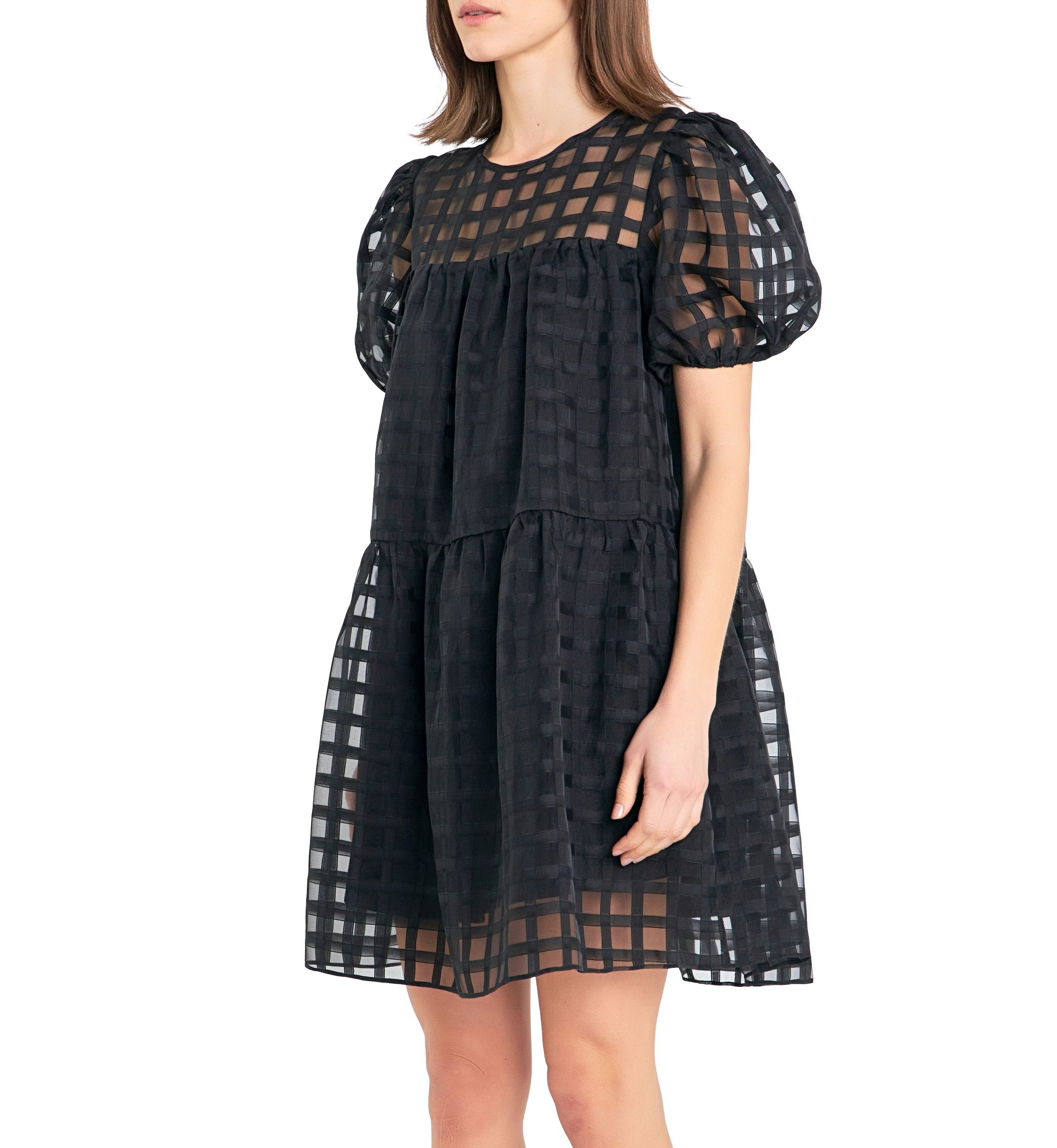 Gridded Puff Sleeve Dress