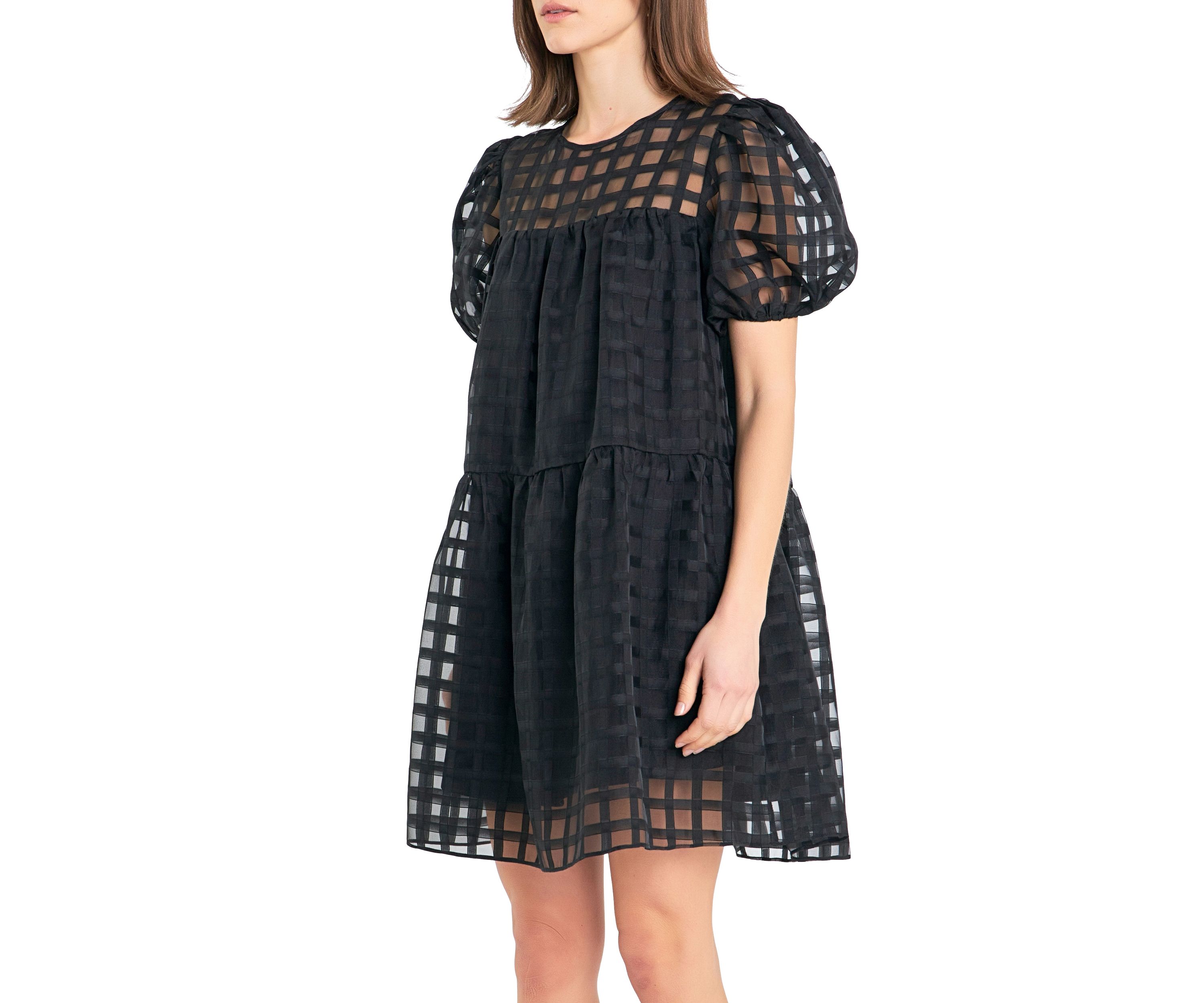 Gridded Puff Sleeve Dress