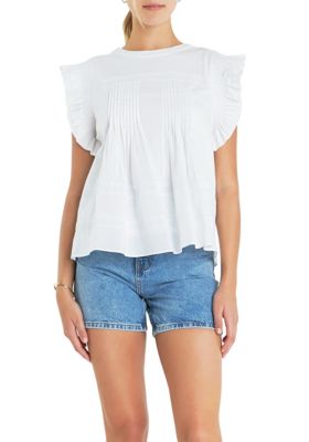 ENGLISH FACTORY Women's Trim Detail Ruffled Top, White, Large