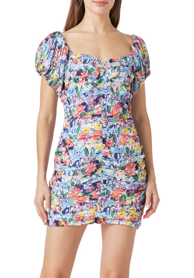 Floral Off the Shoulder Ruched Mini Dress