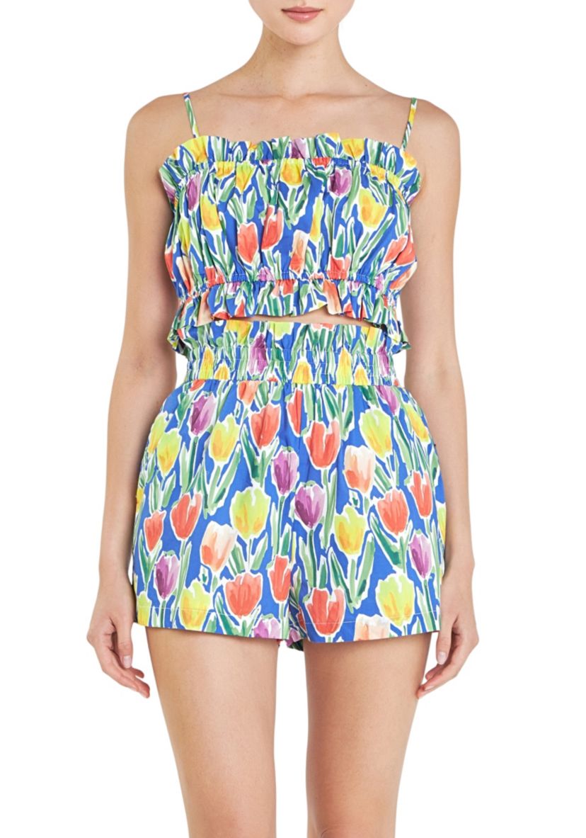 Floral Print Ruffled Cropped Top