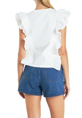 Women's Poplin Ruffle Detail Flutter Sleeve Top