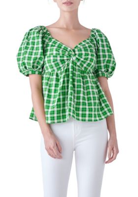 ENGLISH FACTORY Women's Gingham Twisted Puff Sleeve Top, Green, Medium