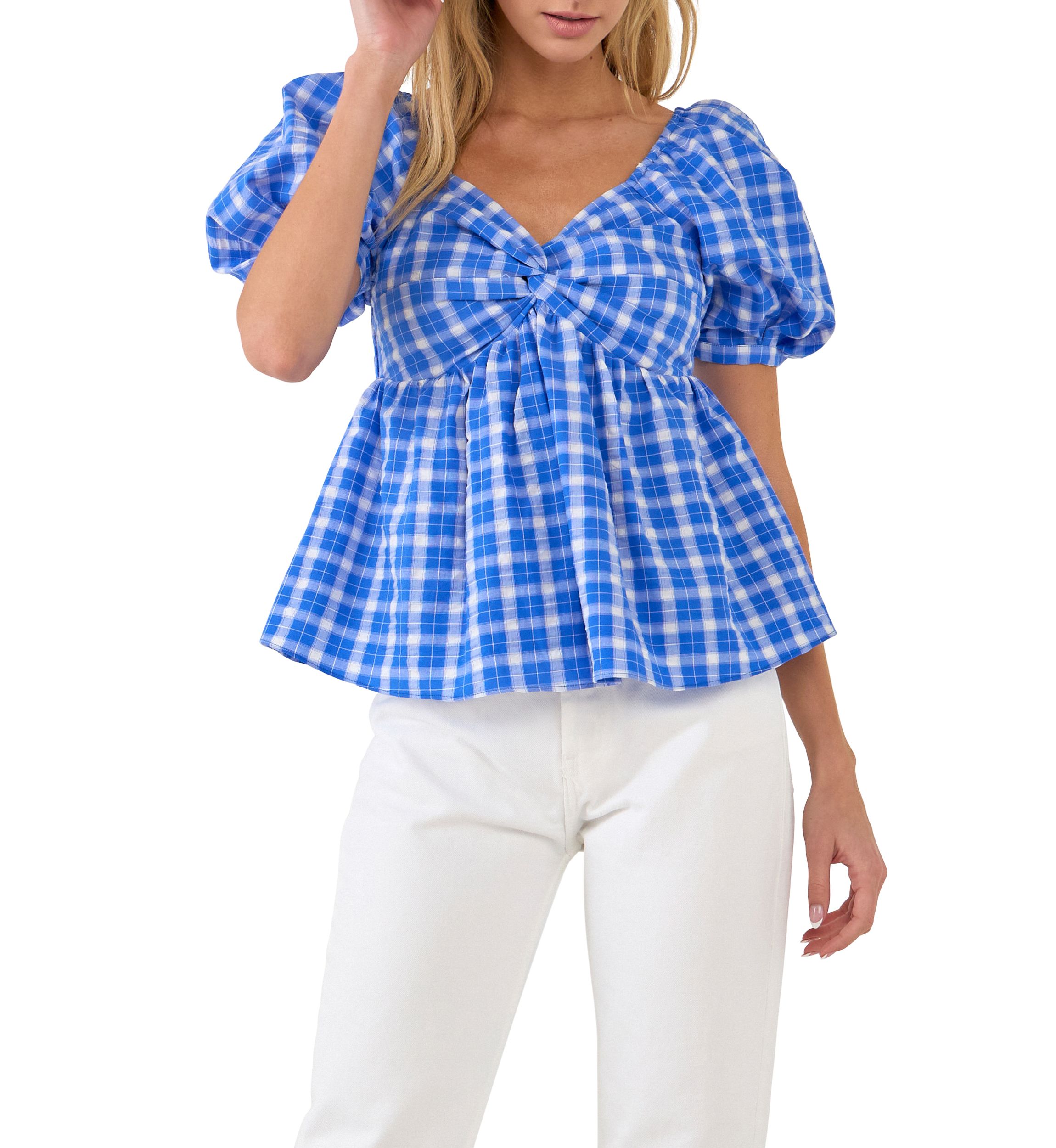 Gingham Twisted Puff Sleeve Top