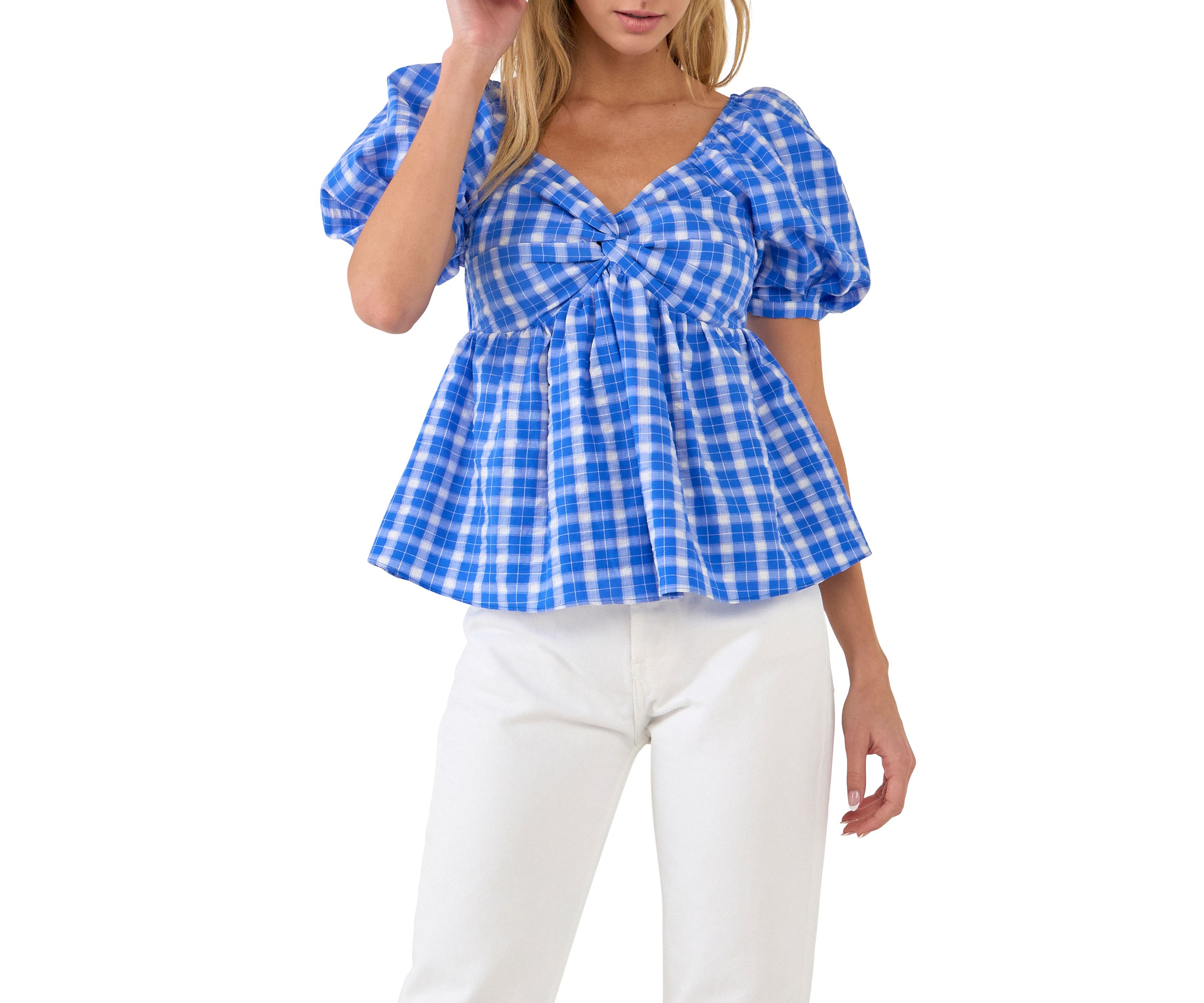 Gingham Twisted Puff Sleeve Top