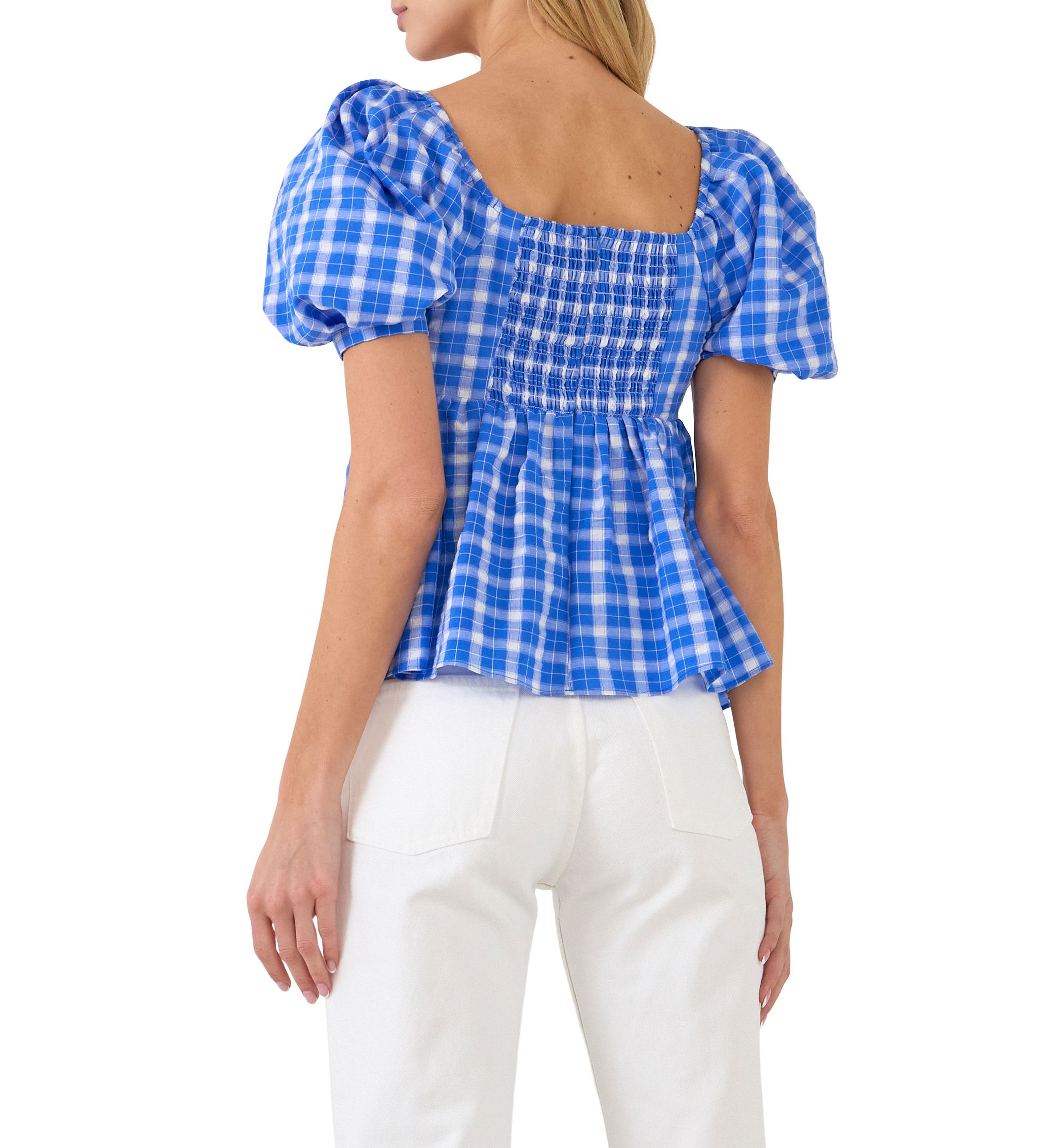 Gingham Twisted Puff Sleeve Top