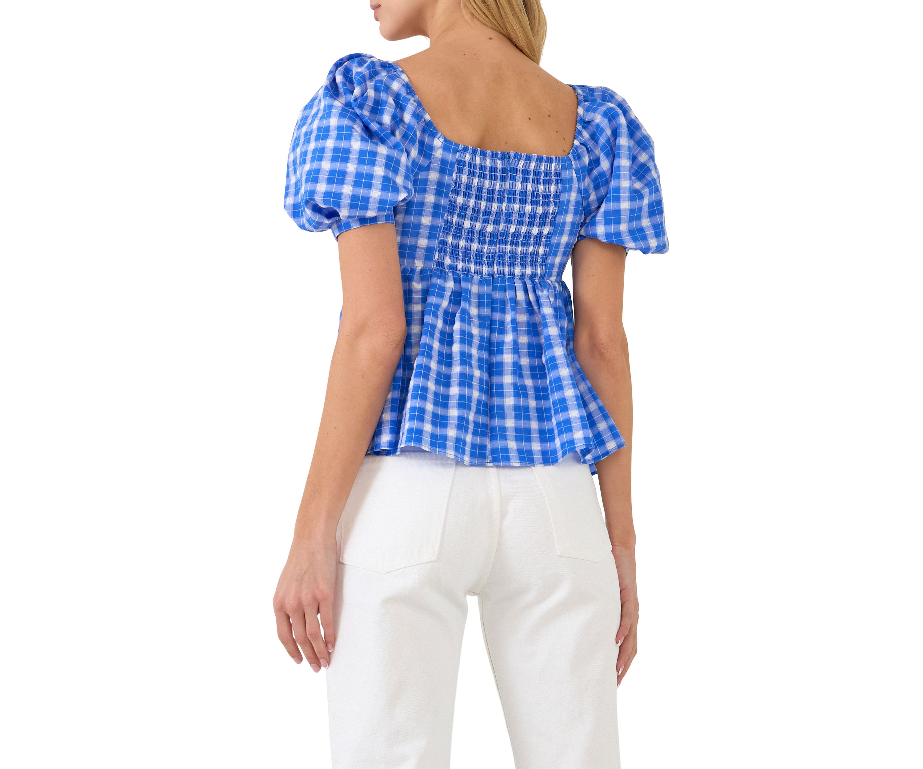 Gingham Twisted Puff Sleeve Top