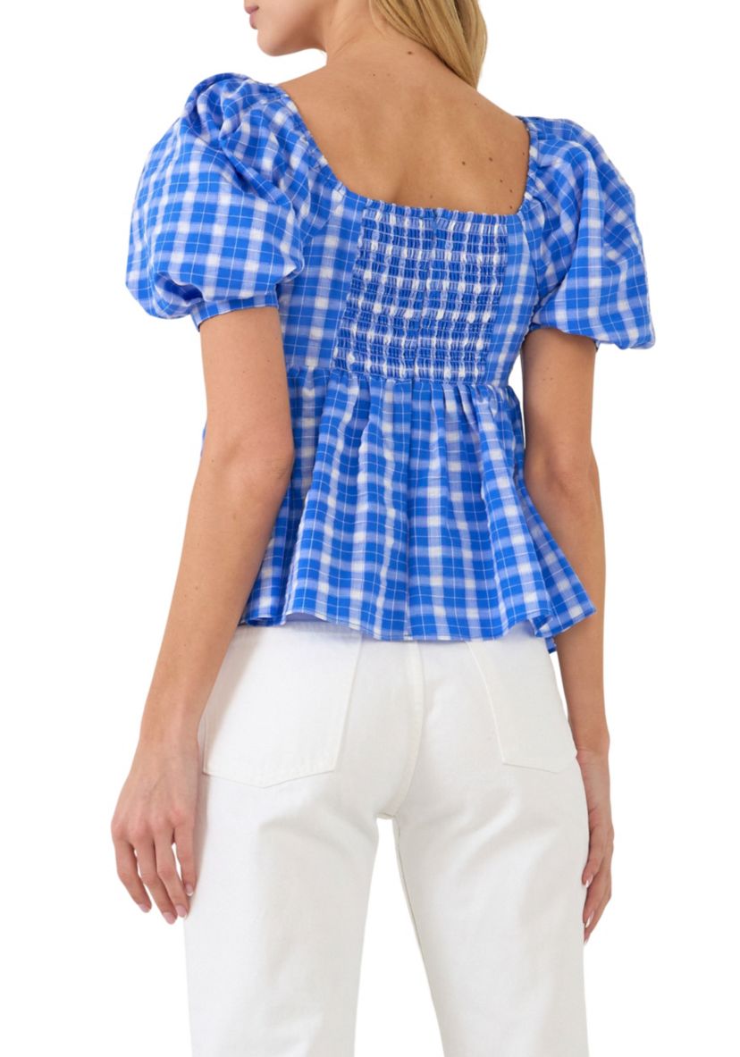 Gingham Twisted Puff Sleeve Top