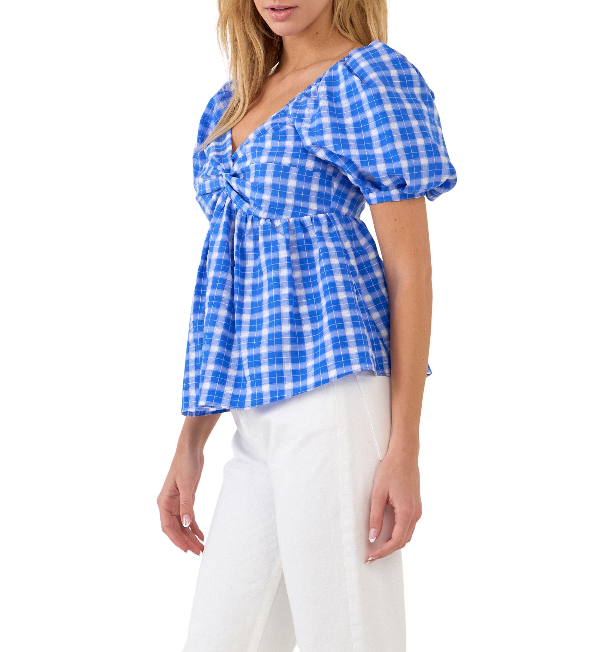 Gingham Twisted Puff Sleeve Top