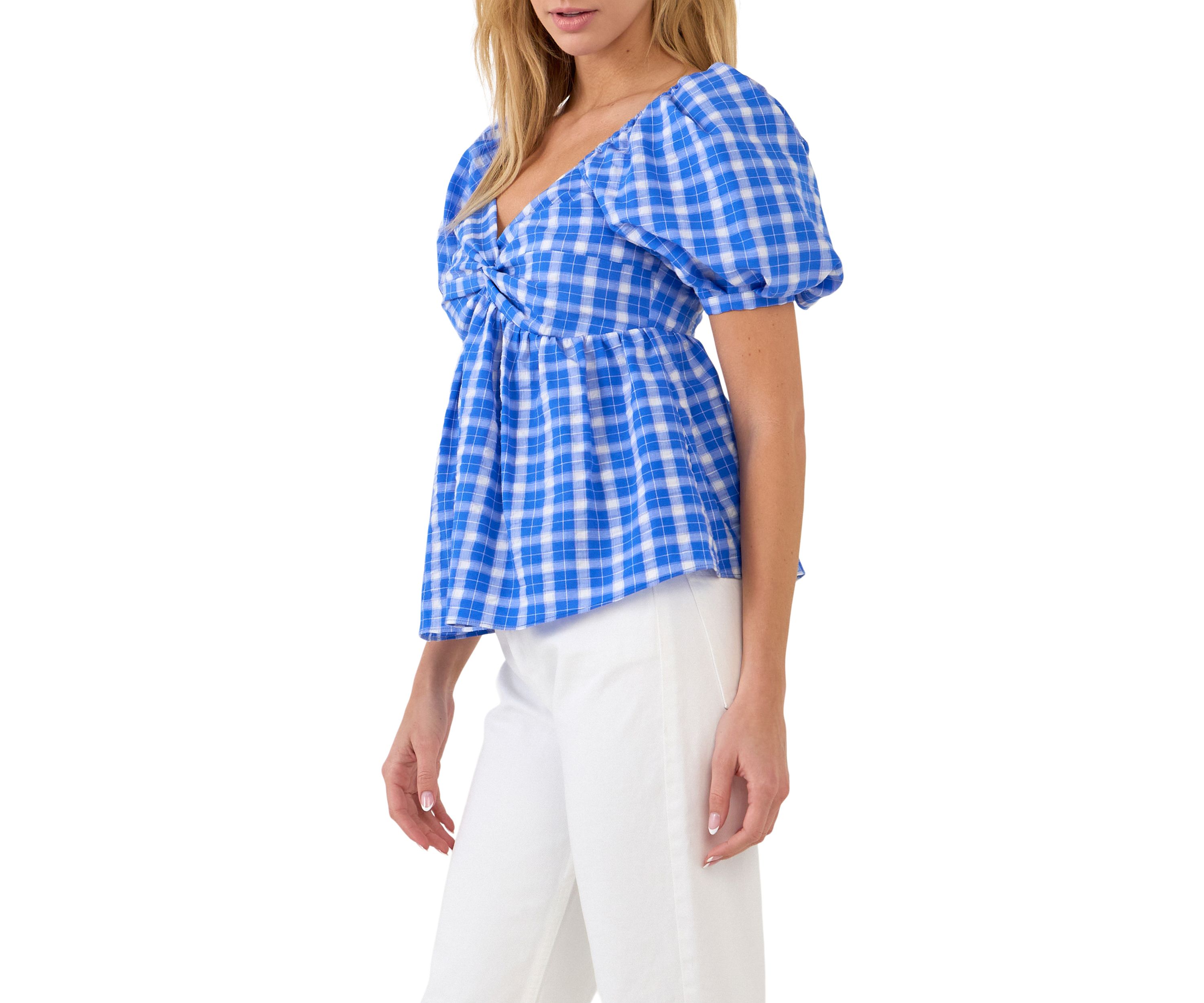 Gingham Twisted Puff Sleeve Top