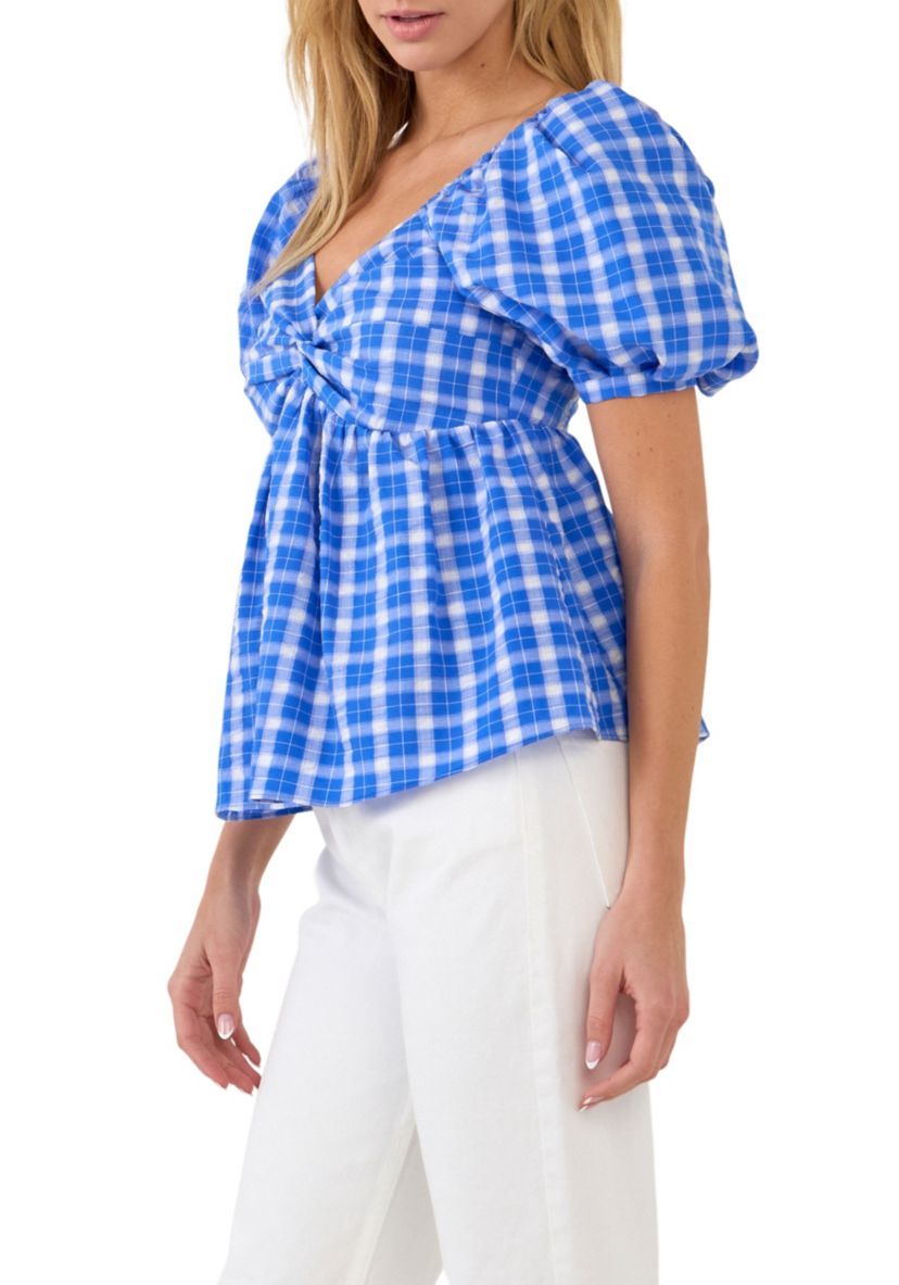 Gingham Twisted Puff Sleeve Top