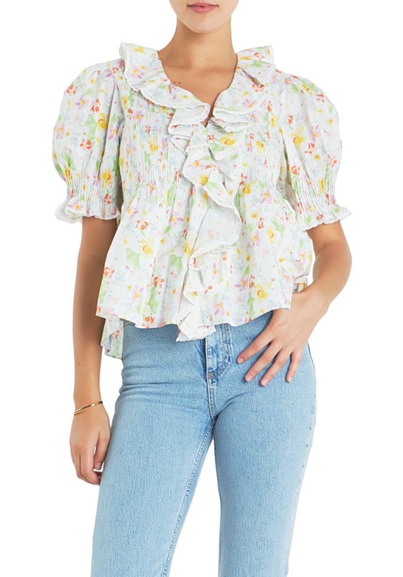 Abstract Floral Print Ruffle Top