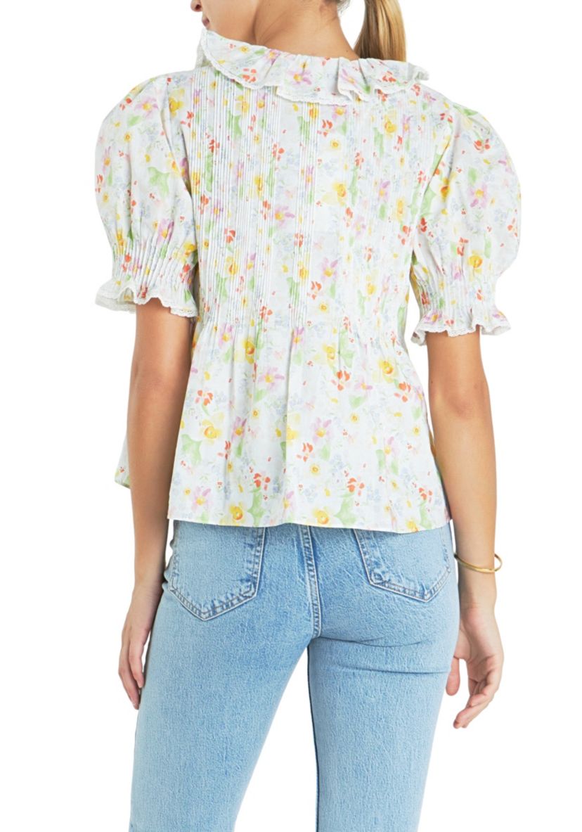 Abstract Floral Print Ruffle Top