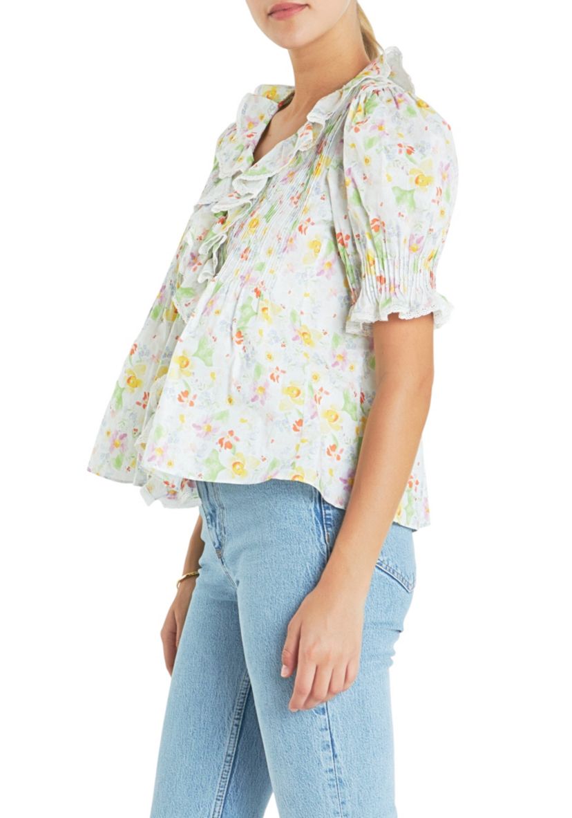 Abstract Floral Print Ruffle Top