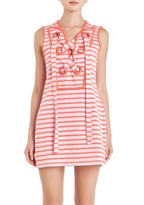 ENGLISH FACTORY Women's Striped Knit Lace Up Dress, Medium