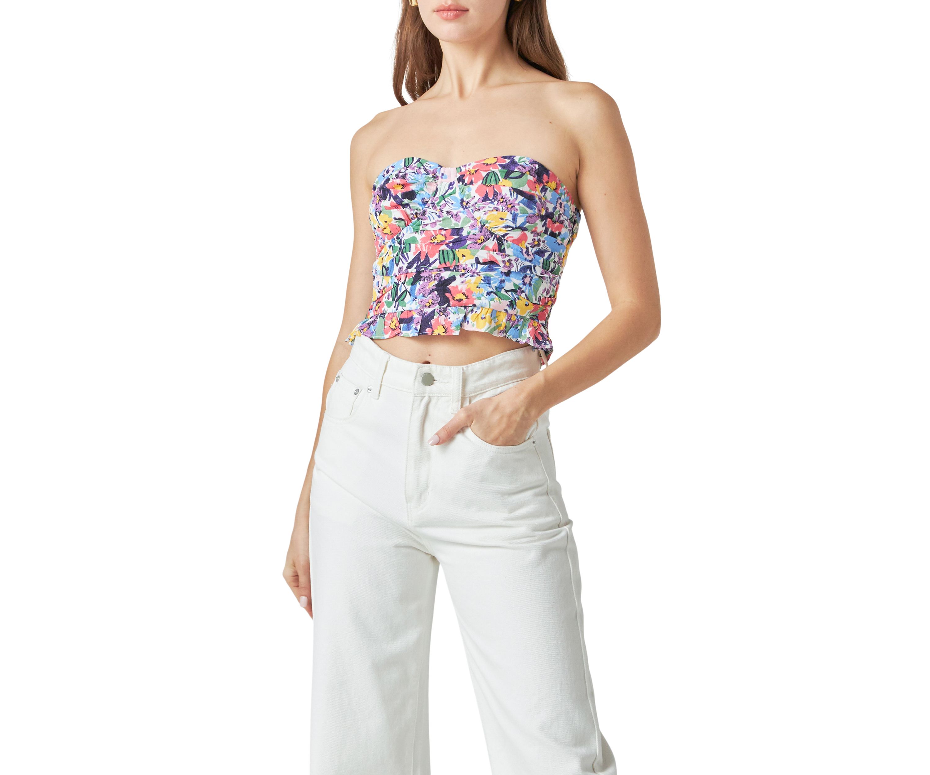 Floral Ruched Strapless Top