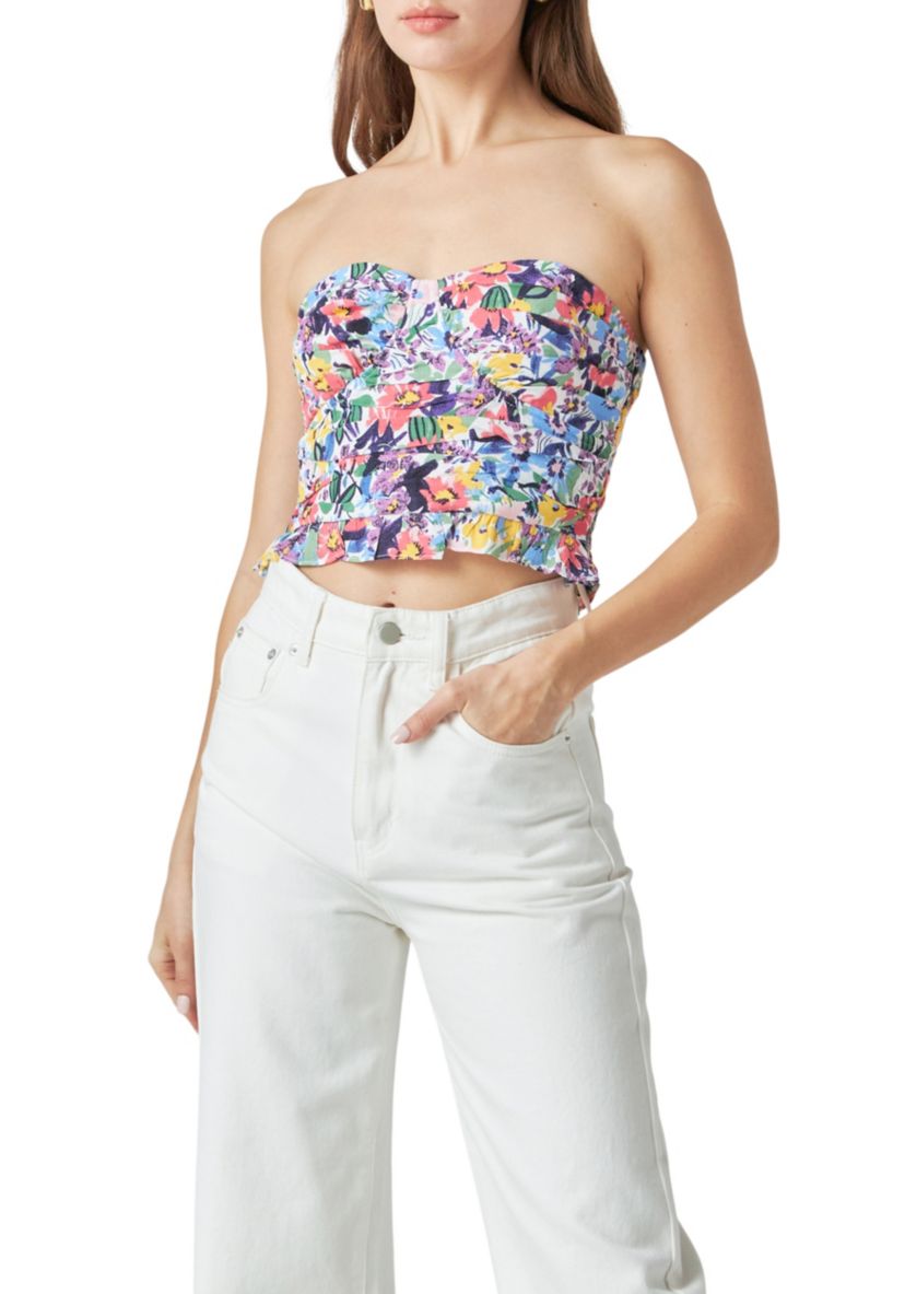 Floral Ruched Strapless Top