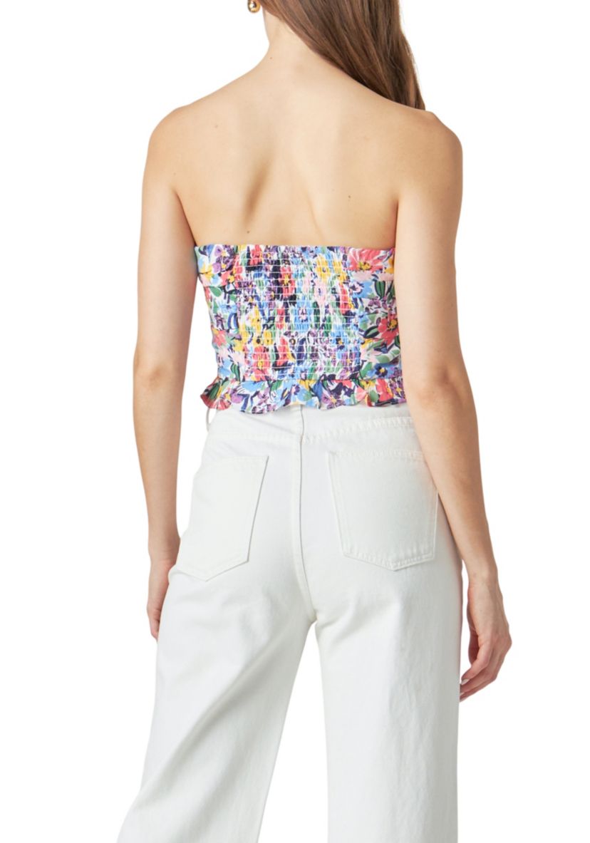 Floral Ruched Strapless Top
