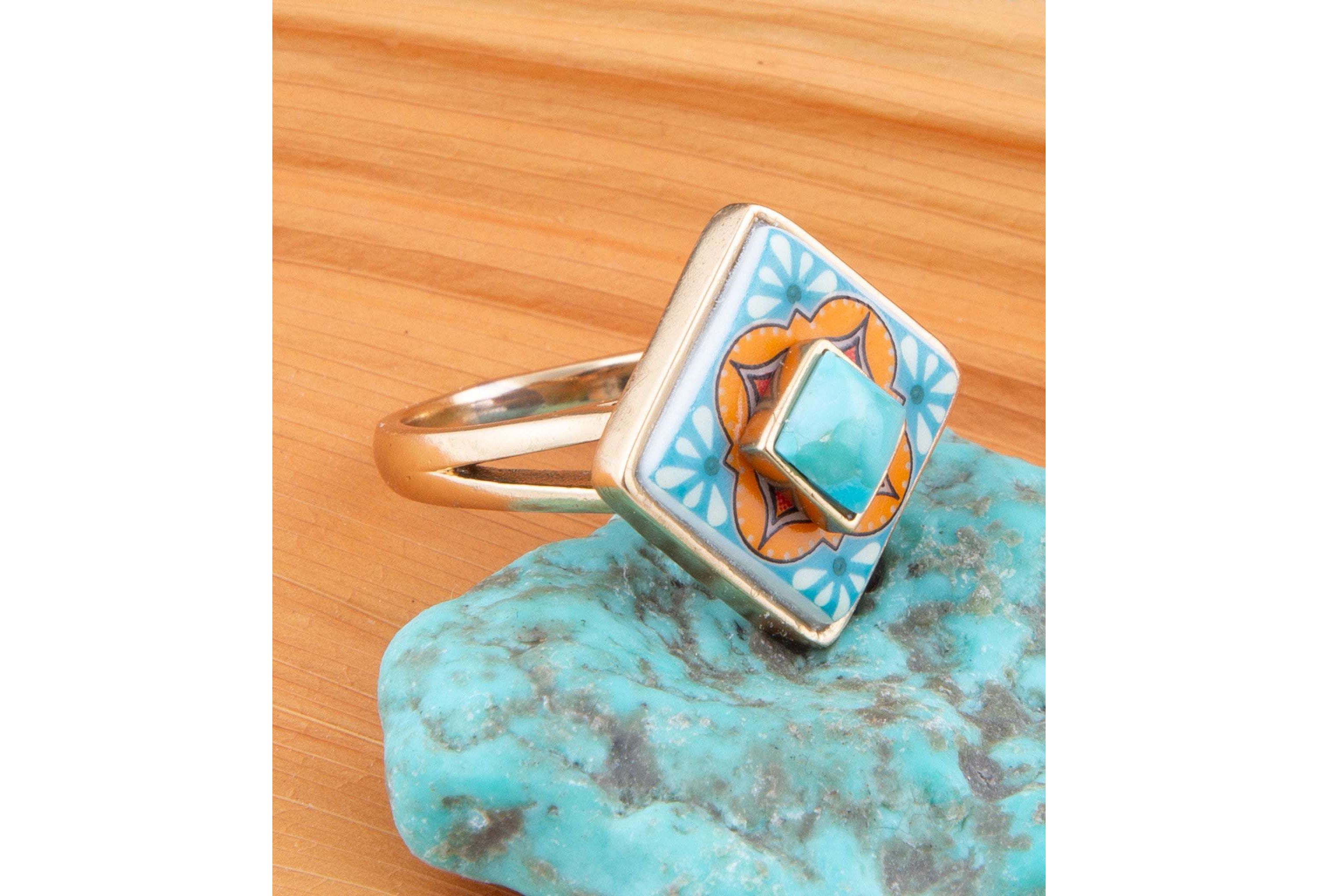 Talavera Tile Blue Turquoise Golden Ring
