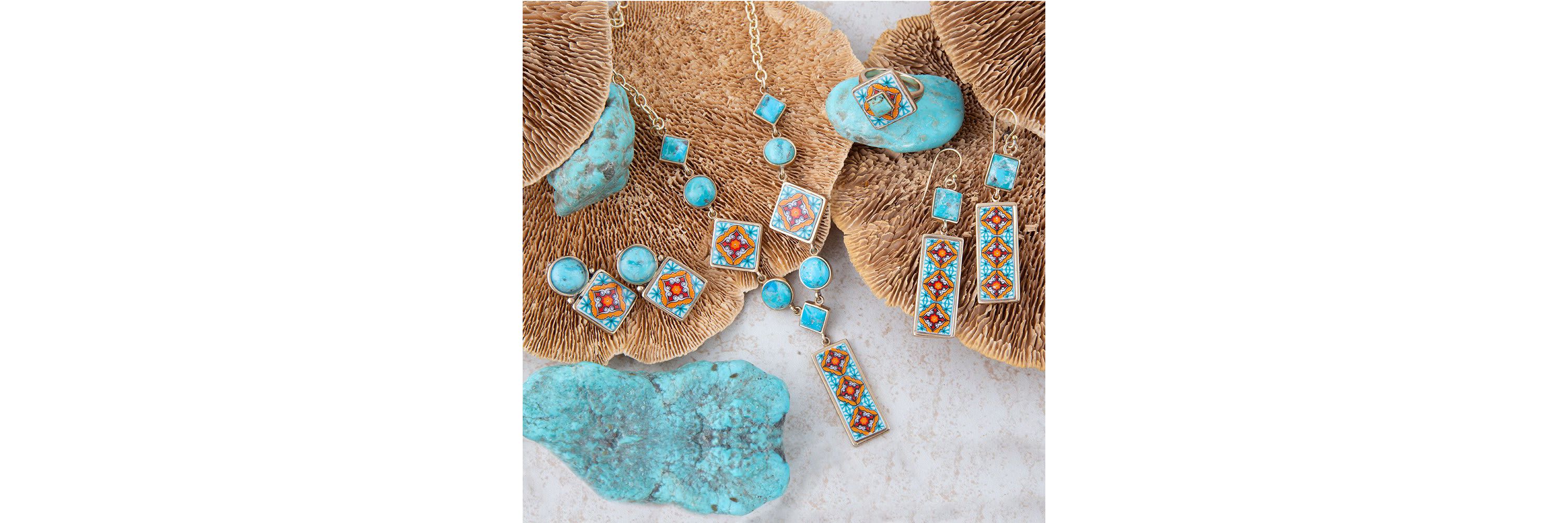 Talavera Tile Blue Turquoise Golden Ring